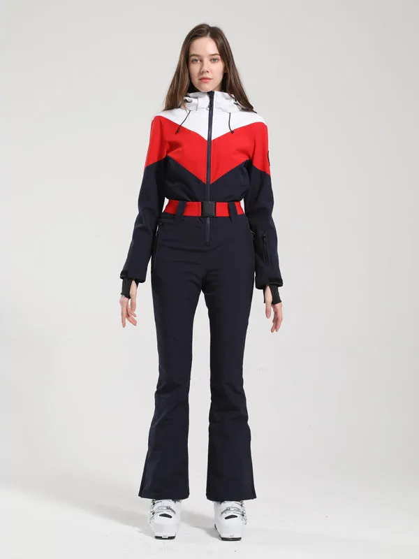 Women's Gsou Snow Retro Belted Color-Blocked Flare Ski Suit