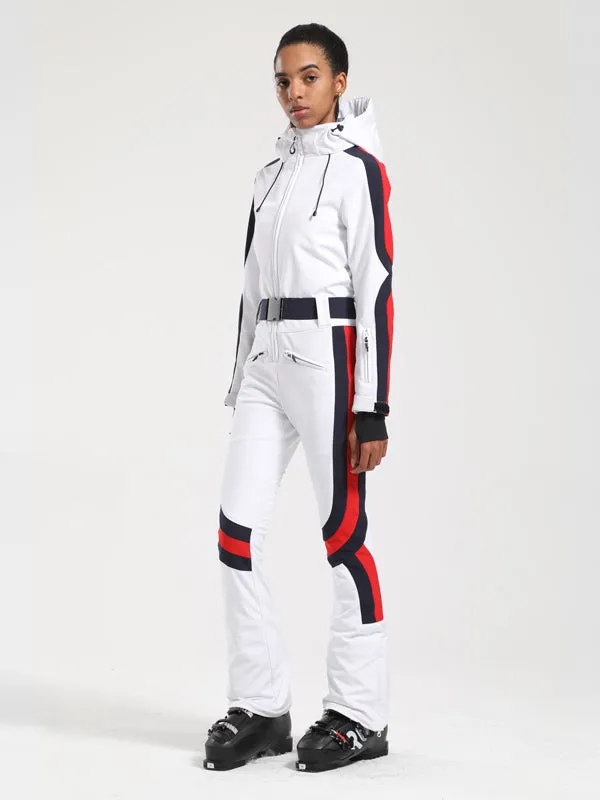 Women's Gsou Snow Retro Belted Stripe Flare One Piece Ski Suit