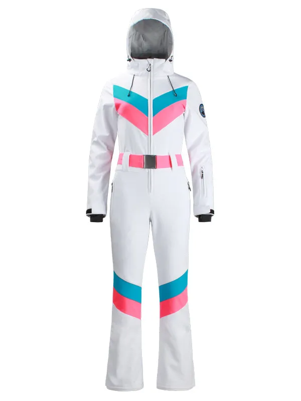 Women's Gsou Snow Retro Belted V Striped Flare One Piece Ski Suit