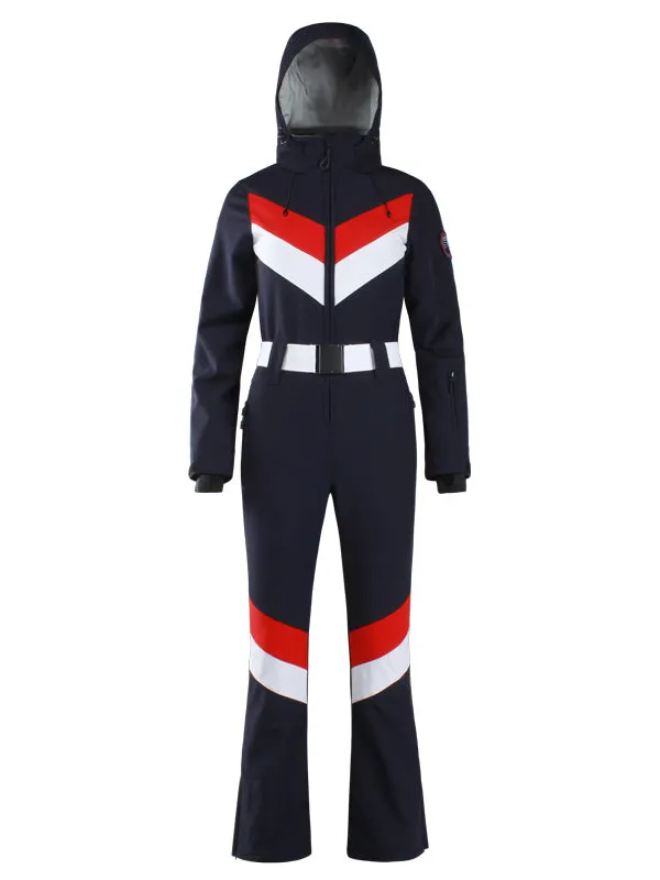 Women's Gsou Snow Retro Belted V Striped Flare One Piece Ski Suit