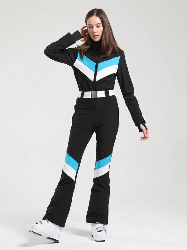 Women's Gsou Snow Retro Belted V Striped Flare Ski Suit