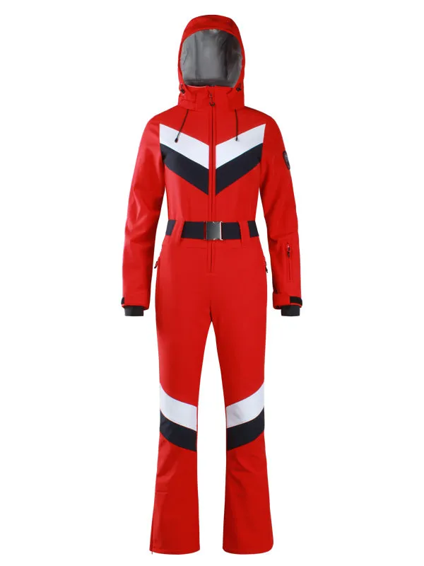 Women's Gsou Snow Retro Belted V Striped Flare Ski Suit