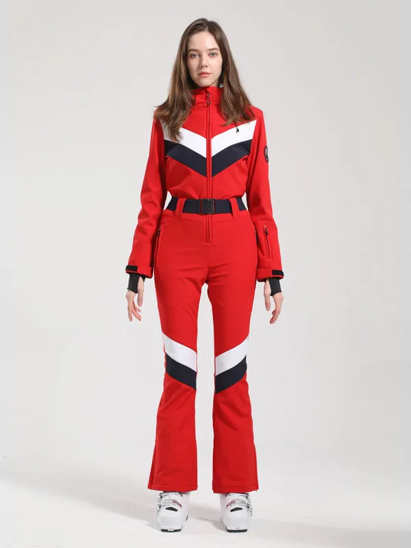 Women's Gsou Snow Retro Belted V Striped Flare Ski Suit