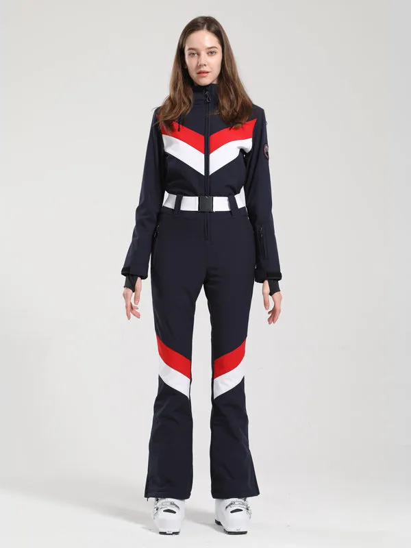 Women's Gsou Snow Retro Belted V Striped Flare Ski Suit