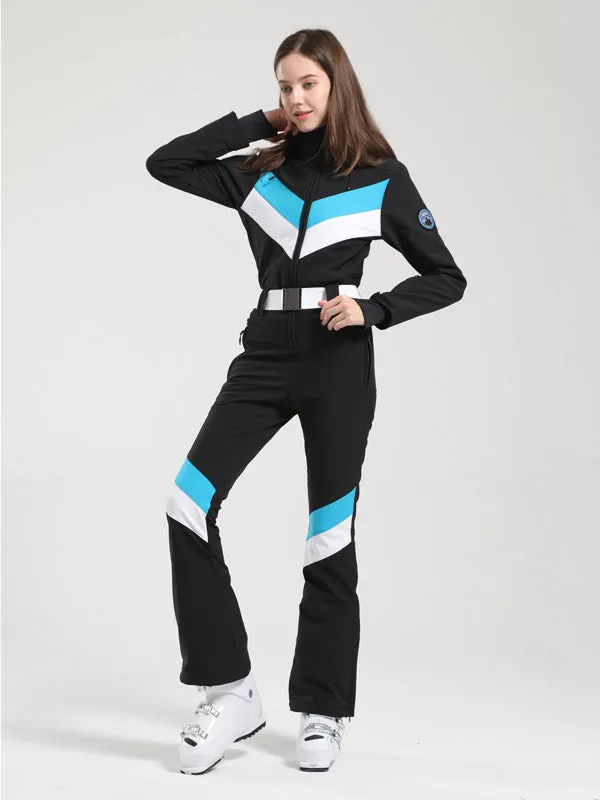 Women's Gsou Snow Retro Belted V Striped Flare Ski Suit