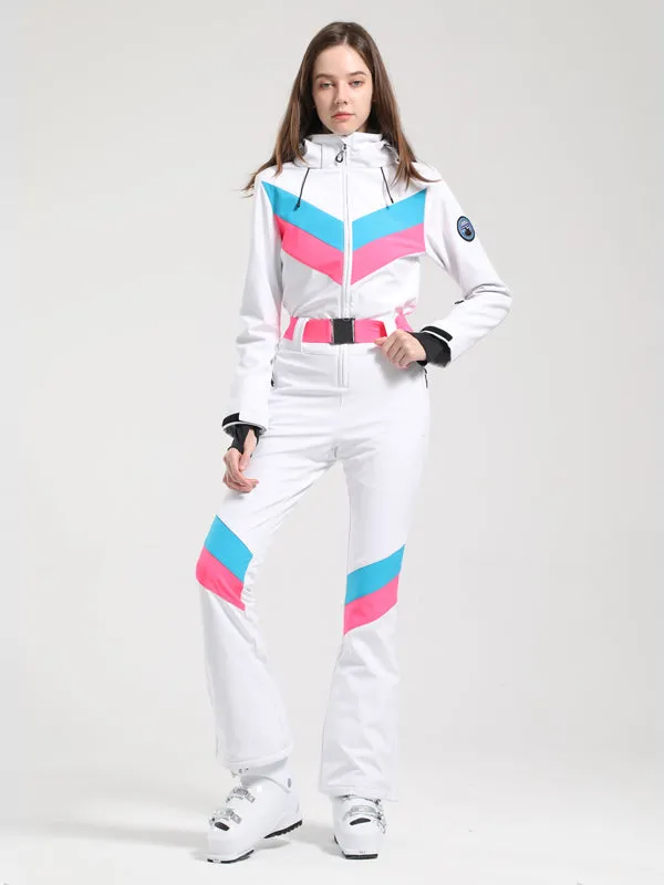 Women's Gsou Snow Retro Belted V Striped Flare Ski Suit