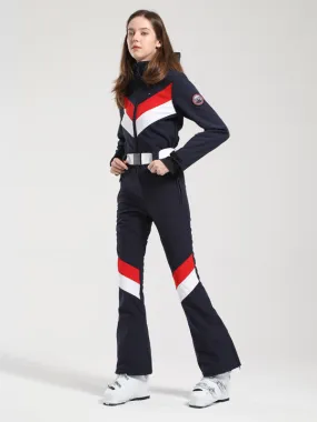 Women's Gsou Snow Retro Belted V Striped Flare Ski Suit