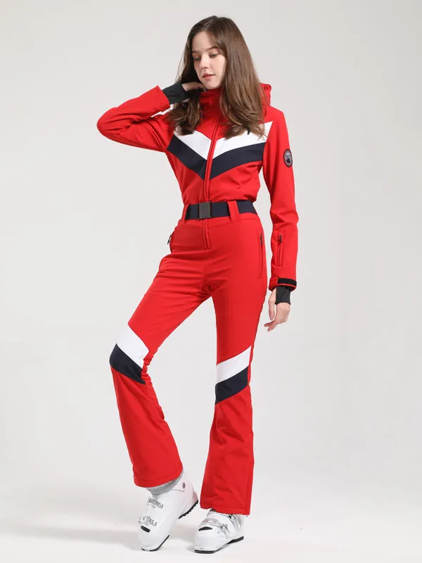 Women's Gsou Snow Retro Belted V Striped Flare Ski Suit