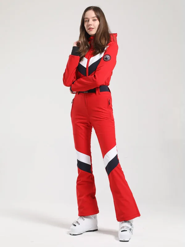 Women's Gsou Snow Retro Belted V Striped Flare Ski Suit