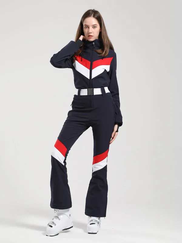 Women's Gsou Snow Retro Belted V Striped Flare Ski Suit