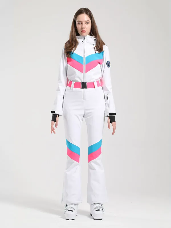 Women's Gsou Snow Retro Belted V Striped Flare Ski Suit