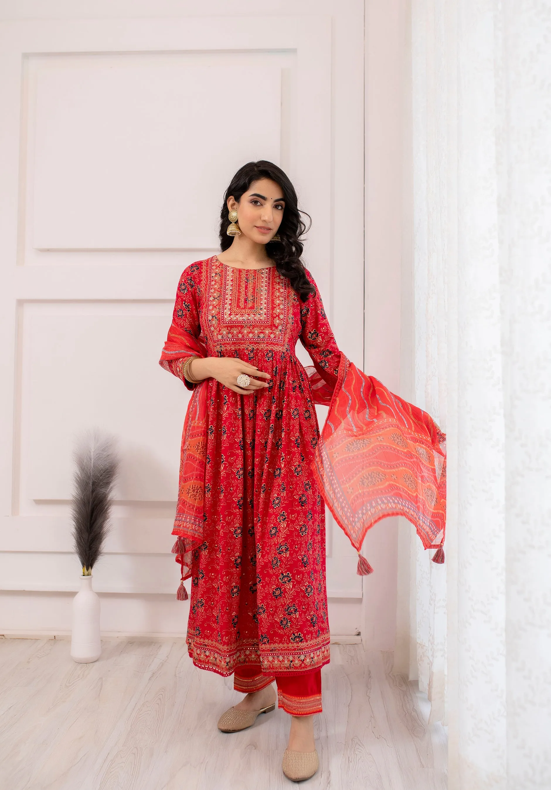 Women's Rayon Red A-Line Kurta, Pant & Dupatta With Fancy Potli Set