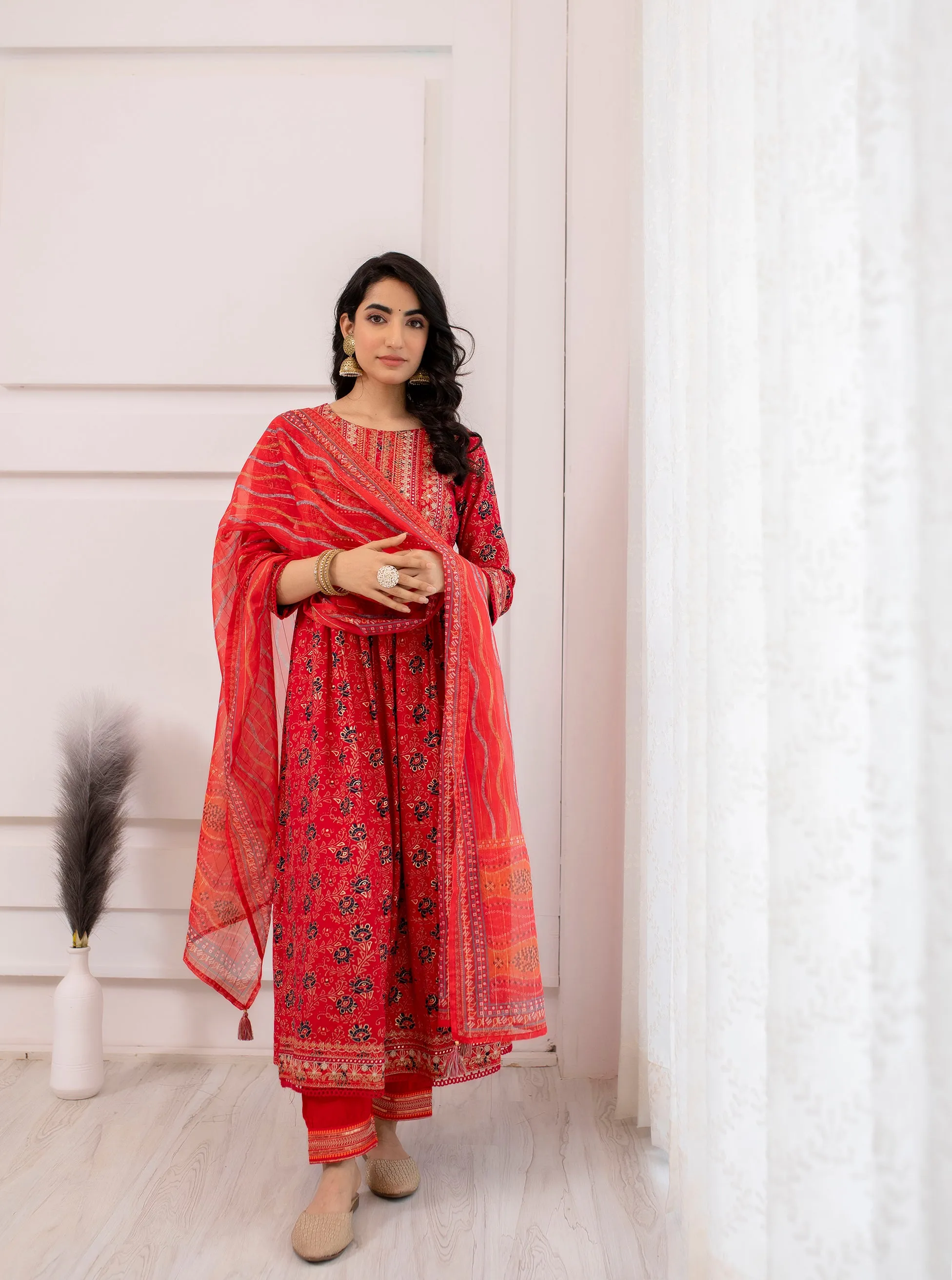 Women's Rayon Red A-Line Kurta, Pant & Dupatta With Fancy Potli Set