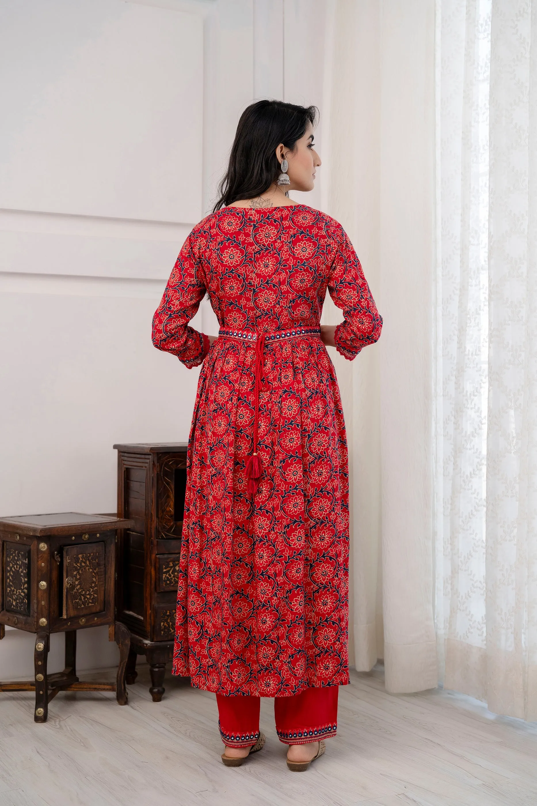 Women's Rayon Red Nyara Cut A-line Kurta Pant and Dupatta With Fancy Potli Set