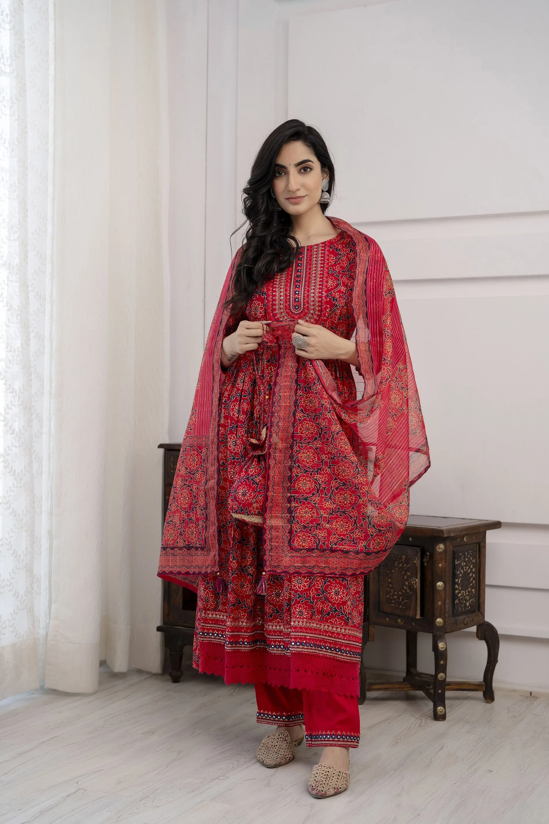 Women's Rayon Red Nyara Cut A-line Kurta Pant and Dupatta With Fancy Potli Set