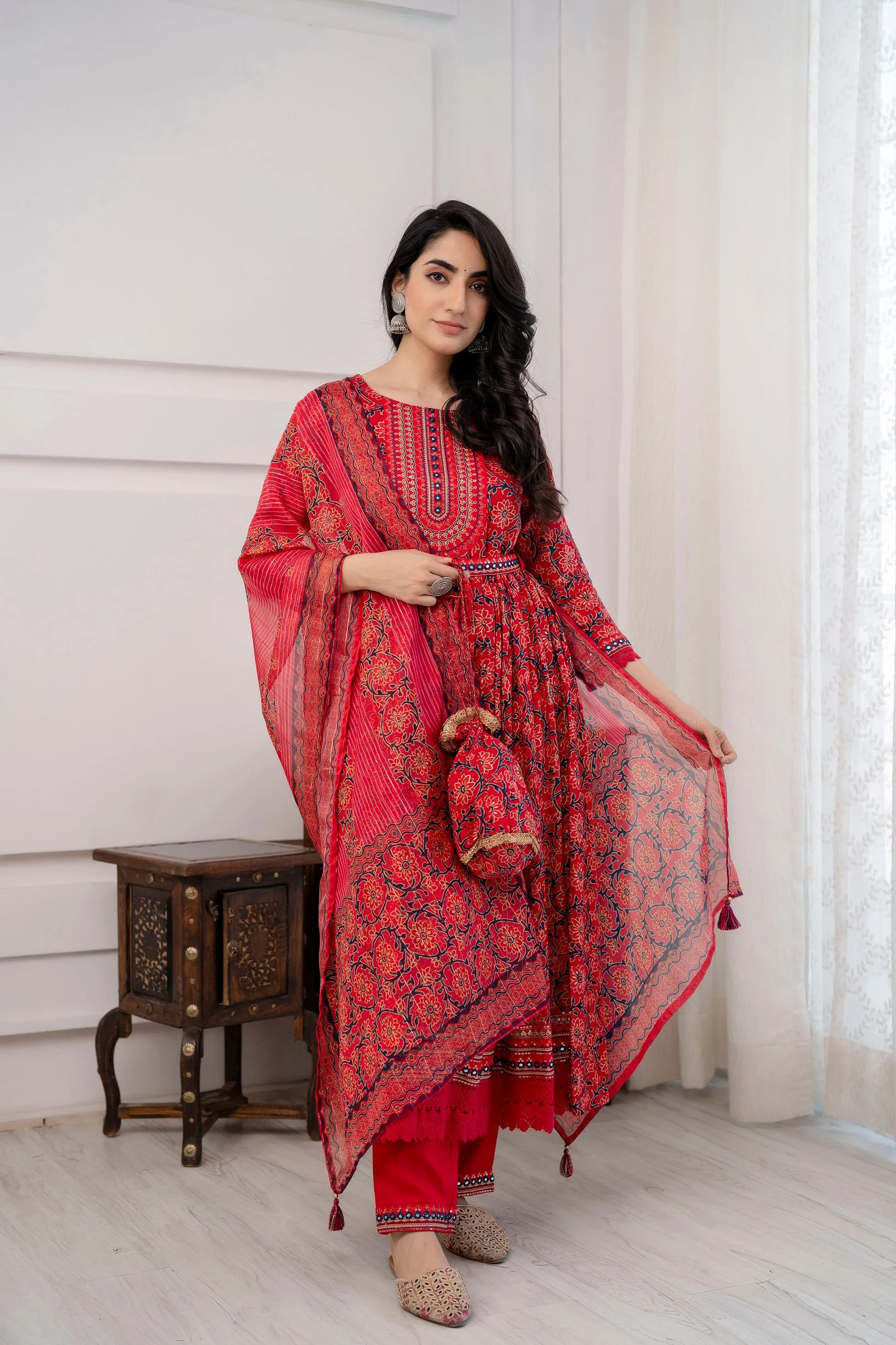 Women's Rayon Red Nyara Cut A-line Kurta Pant and Dupatta With Fancy Potli Set