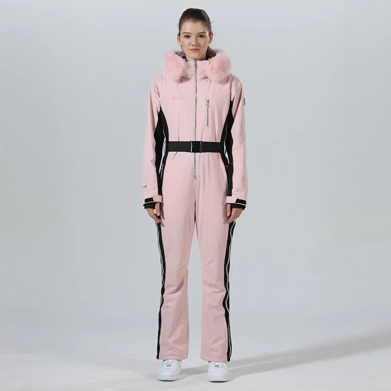 Womens Winter Chic Fur Hood One Piece Ski Jumpsuit Overall Ski Suit