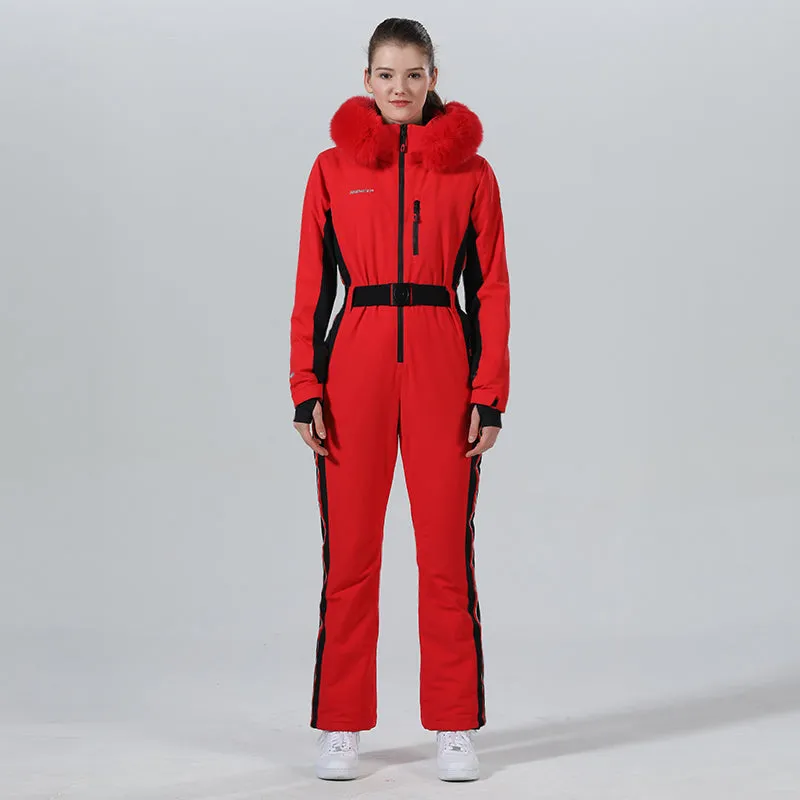 Womens Winter Chic Fur Hood One Piece Ski Jumpsuit Overall Ski Suit