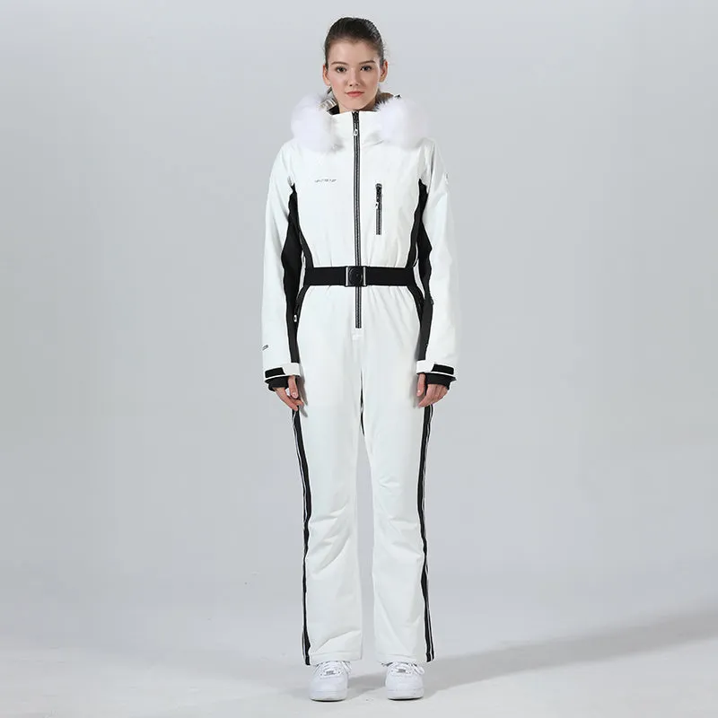 Womens Winter Chic Fur Hood One Piece Ski Jumpsuit Overall Ski Suit