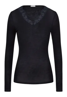 Woolen Lace Fine Ribbed Wool And Silk V-Neck Top | Black 70914-019