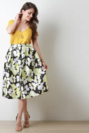 Yellow Floral Box Pleated Skirt